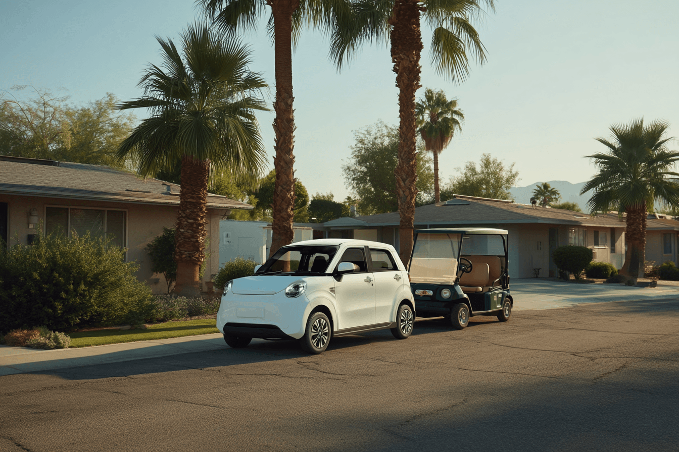 The Wink Mark3 beside a golf cart on a palm-lined residential street